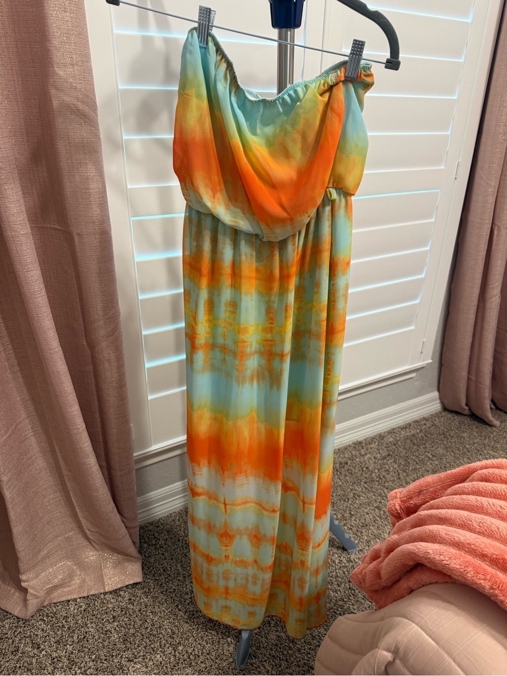 Strapless Tie-Dye Maxi Dress in Orange and Aqua
